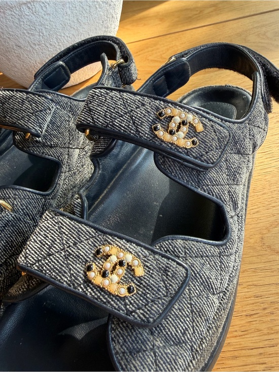 CHANEL Shoes - CHANEL G31848 Black Dad Sandals CC Pearl Crystal Embellished Velcro